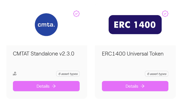 Token standard templates in Taurus-CAPITAL showing CMTAT Standalone v2.3.0 and ERC-1400 Universal Token, each supporting six asset types