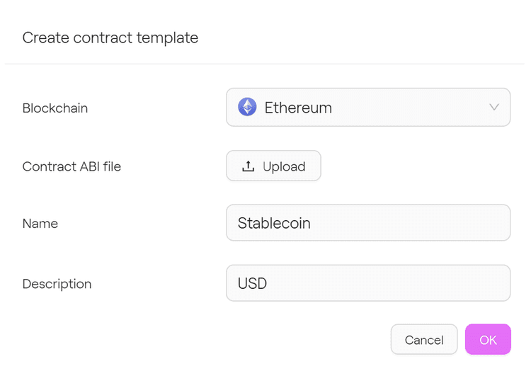 Create contract template screen in Taurus-CAPITAL with blockchain set to Ethereum, a contract ABI upload, and a stablecoin