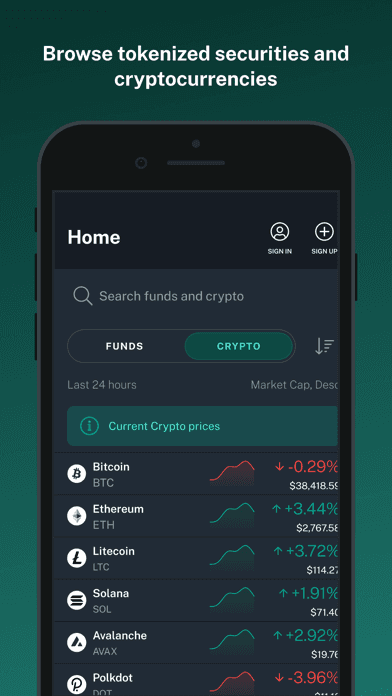 Benji app home screen listing funds and cryptocurrencies with live prices for bitcoin, ethereum, litecoin, and solana
