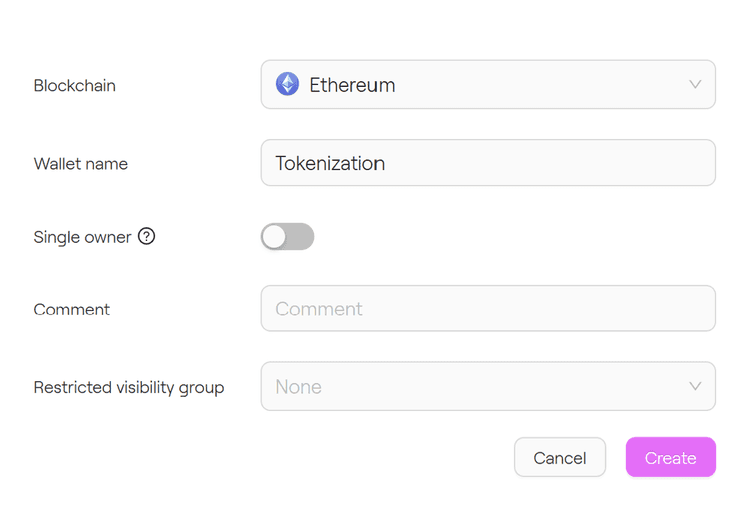 Wallet creation form in Taurus-CAPITAL on Ethereum with the wallet named Tokenization, a single-owner toggle, and a