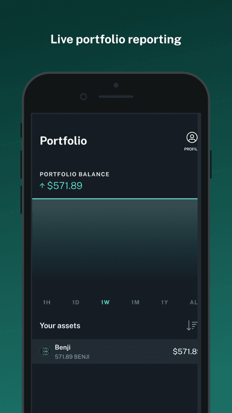 Benji app portfolio screen showing a balance held in BENJI tokens with performance over selectable time periods