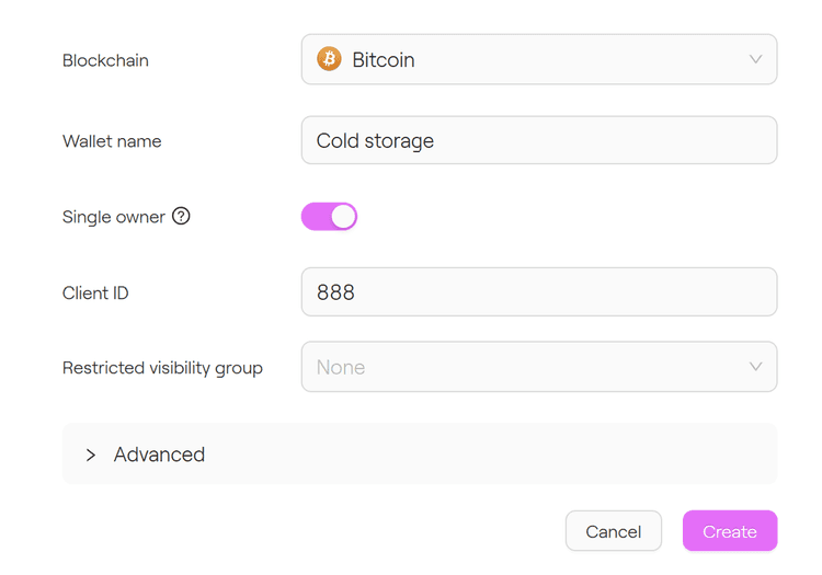 Wallet creation form in Taurus-PROTECT with blockchain, wallet name "Cold storage", single-owner toggle, and client ID fields