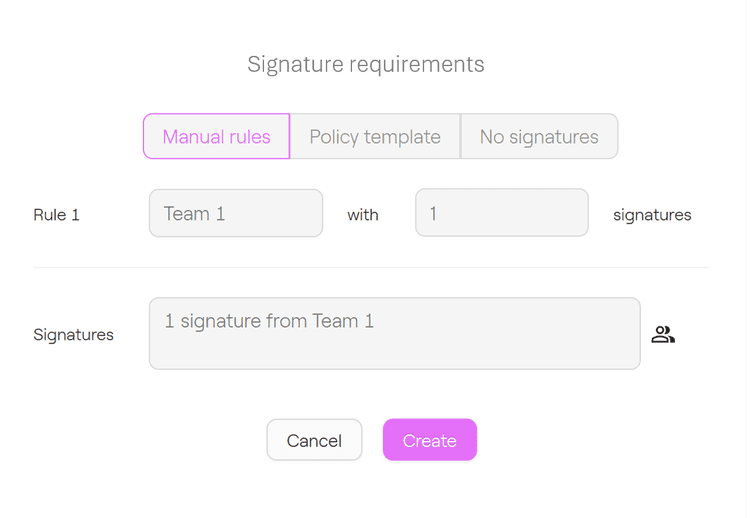 Signature requirements screen in Taurus-PROTECT showing a manual rule requiring one signature from Team 1, with policy
