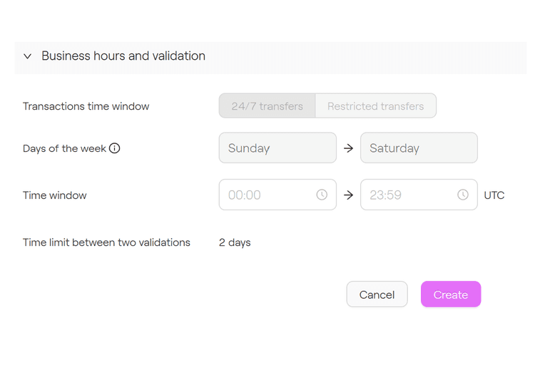 Business hours and validation settings in Taurus-PROTECT restricting transaction time windows by day of week with a two-day