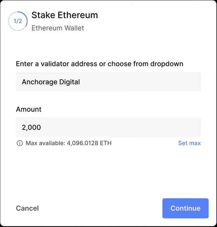 Anchorage Digital staking interface showing an Ethereum staking modal