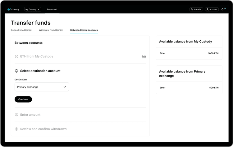 Gemini Custody transfer screen for moving funds between accounts