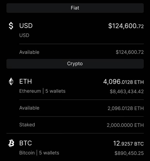 Segregated fiat and crypto balances in Anchorage Digital's custody interface