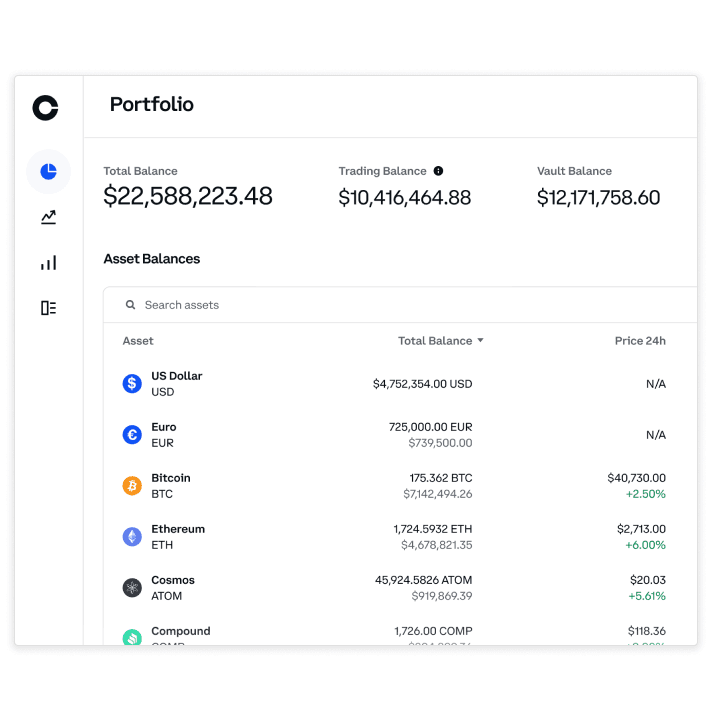 Coinbase Prime portfolio view showing trading and vault balances